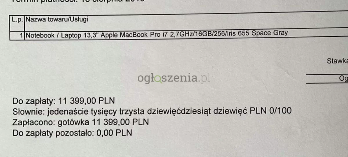 Prawie nowy MacBook 13 PRO i7 2,7GHz 16GB, 256 dysk, iris. 655 Space