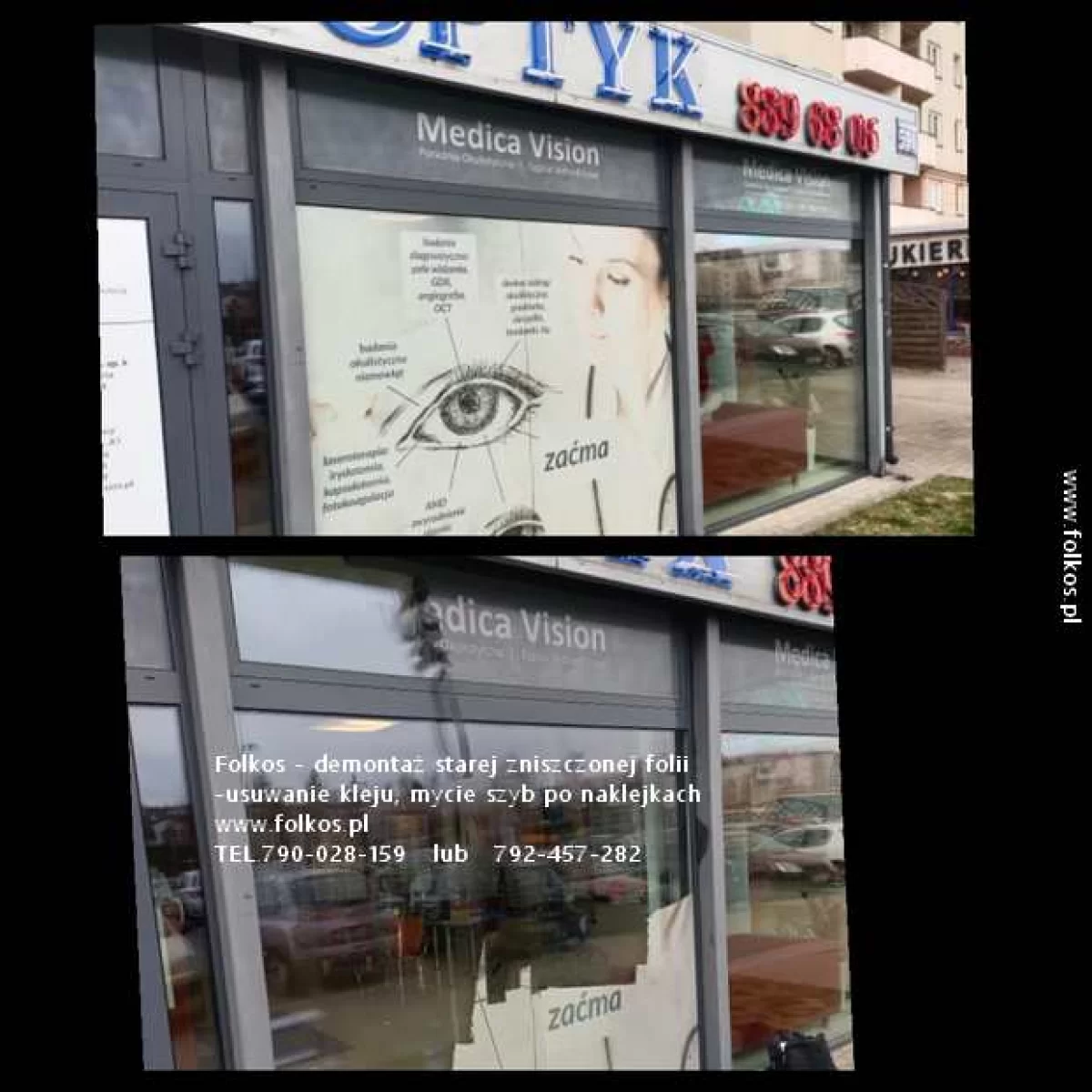 Demontaż, zrywanie, usuwanie folii, naklejek, kleju Warszawa - Usługa demontażu folii z witryn, usuwanie kleju Folkos Warszawa