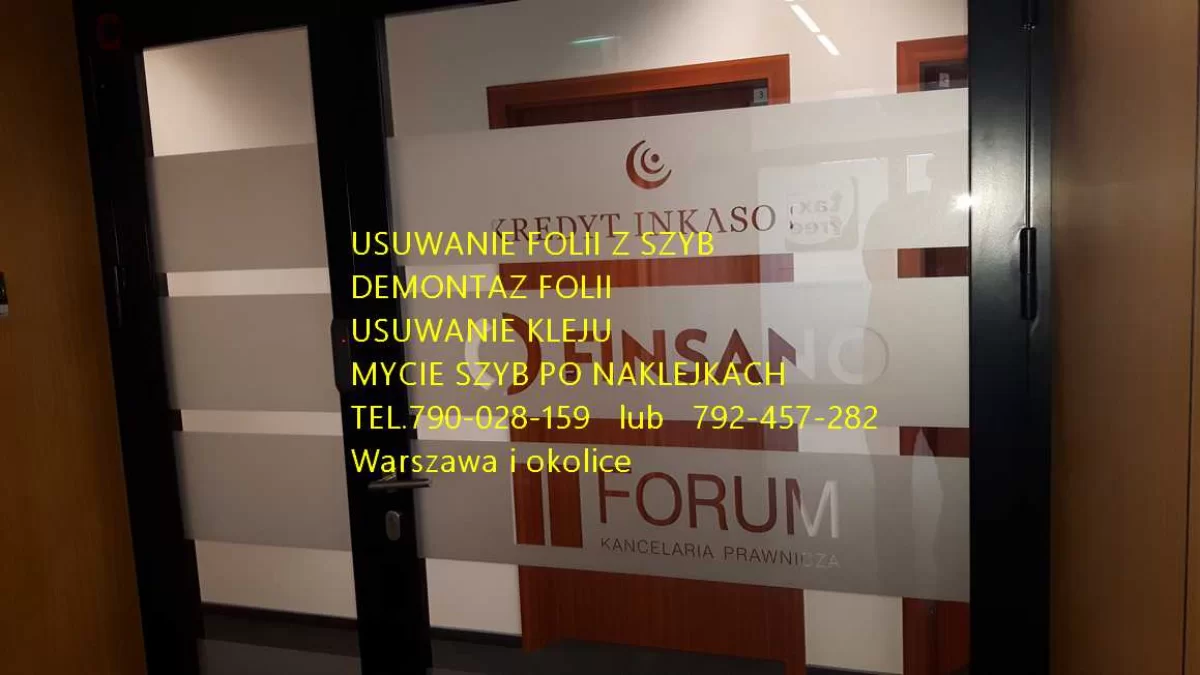 Demontaż, zrywanie, usuwanie folii, naklejek, kleju Warszawa - Usługa demontażu folii z witryn, usuwanie kleju Folkos Warszawa