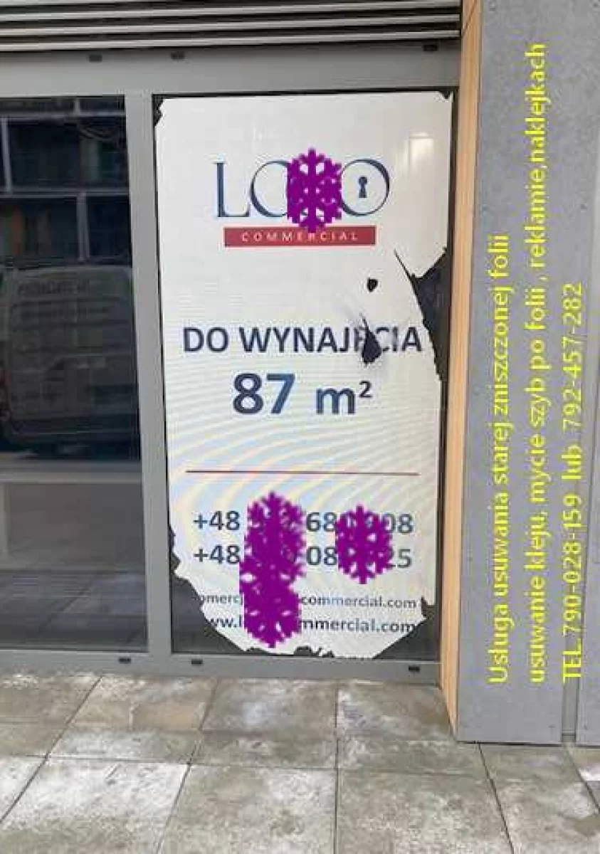 Demontaż, zrywanie, usuwanie folii, naklejek, kleju Warszawa - Usługa demontażu folii z witryn, usuwanie kleju Folkos Warszawa