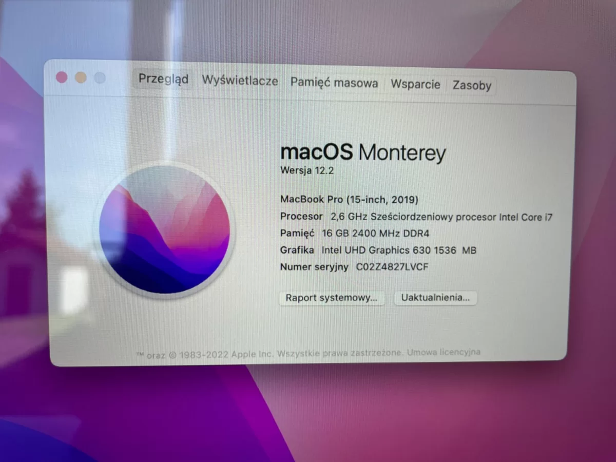 MacBook Pro 15.4 2019 Procesor Intel core i7
