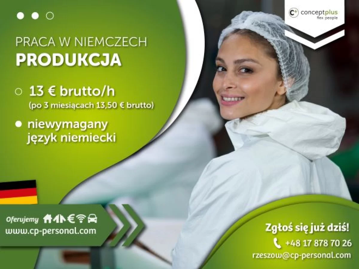 PRACOWNIK PRODUKCJI (K/M) - BEZ JĘZYKA- NAWET DO 13,50 € BRUTTO/H - NIEMCY