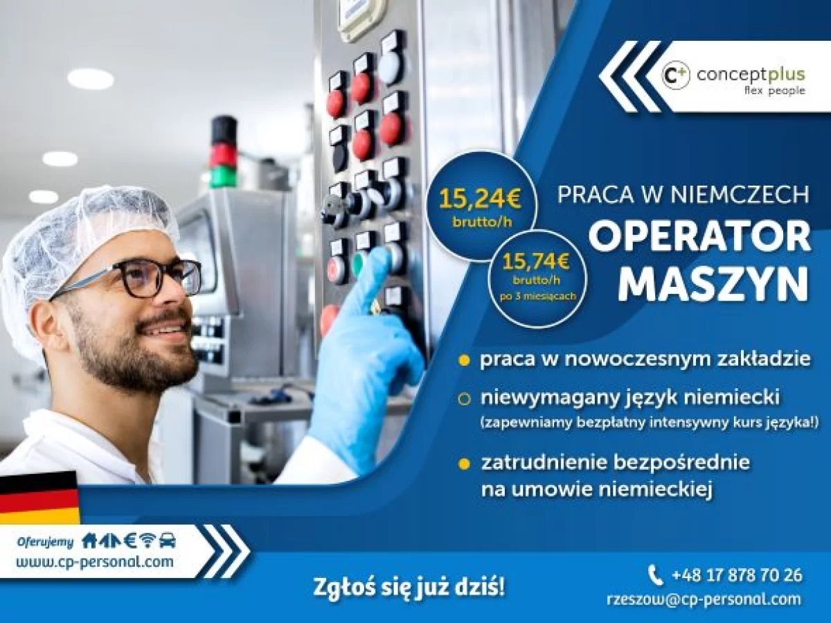 OPERATOR MASZYN (K/M) - NIEMCY - NAWET 15,74 € BRUTTO/H - NIEMCY