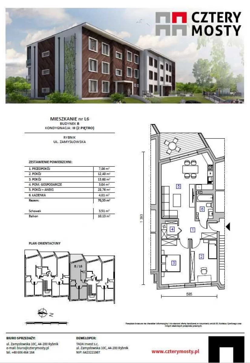 Apartament 69,50 m2, 3 pokoje, najbliżej centrum (B6)