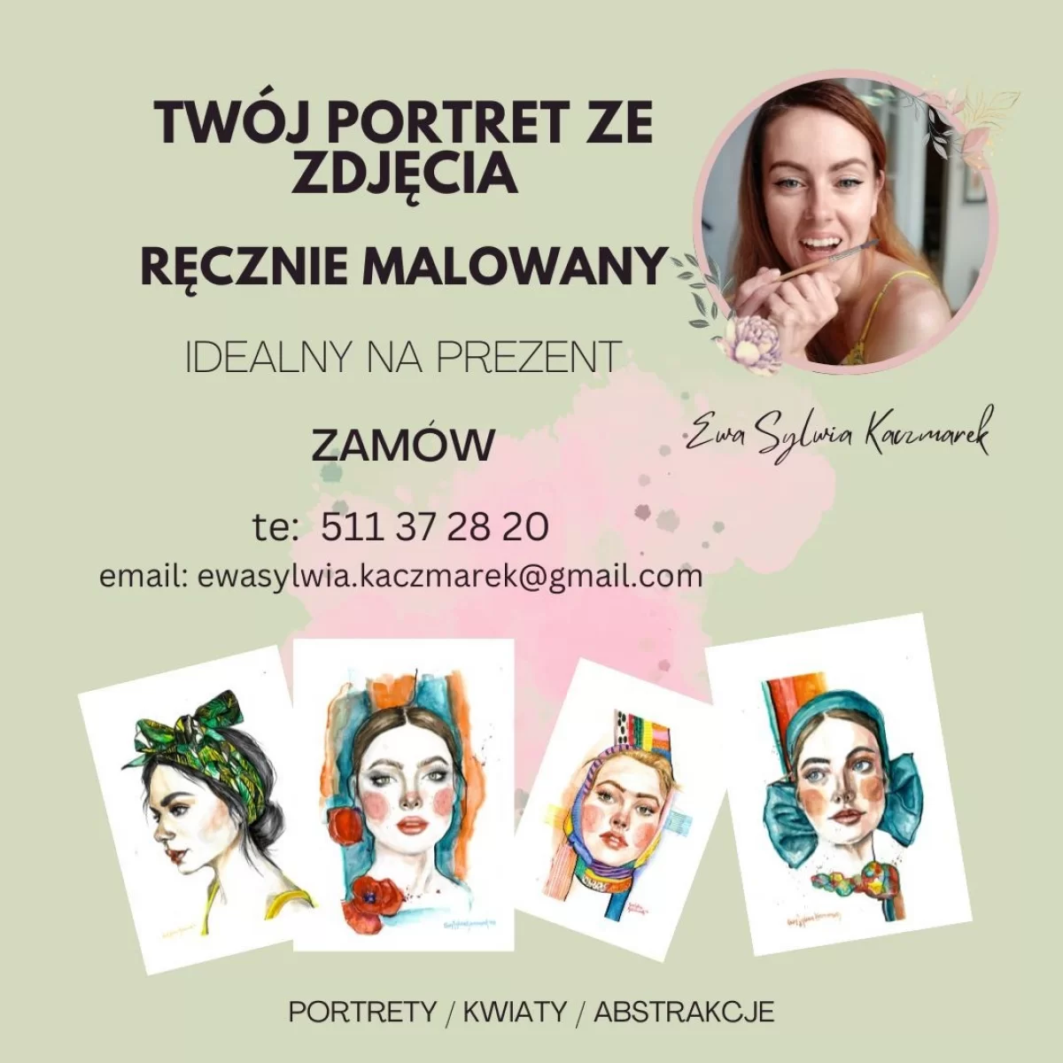 Portrety na zamówienie, obrazy ręcznie malowane. Obrazy do wnętrz.