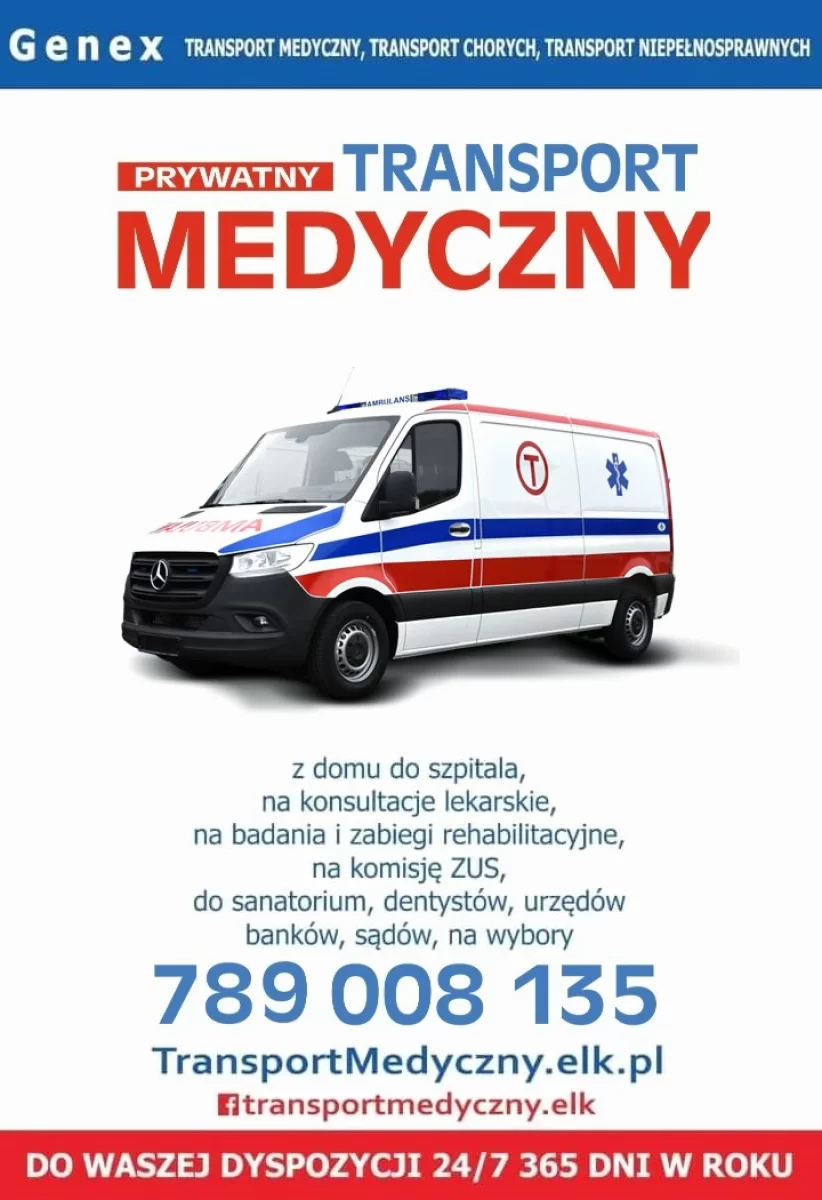 Transport medyczny sanitarny chorych niepełnosprawnych KARETKA Ambulans Mrągowo Piecki Mikołajki Biskupiec Ryn