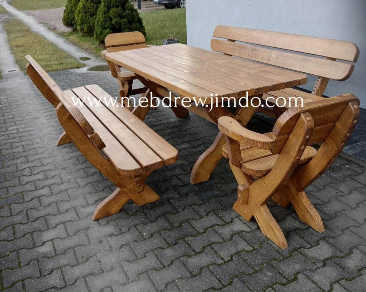 Stół ogrodowy drewniany 2 fotele 2 ławki meble zestaw