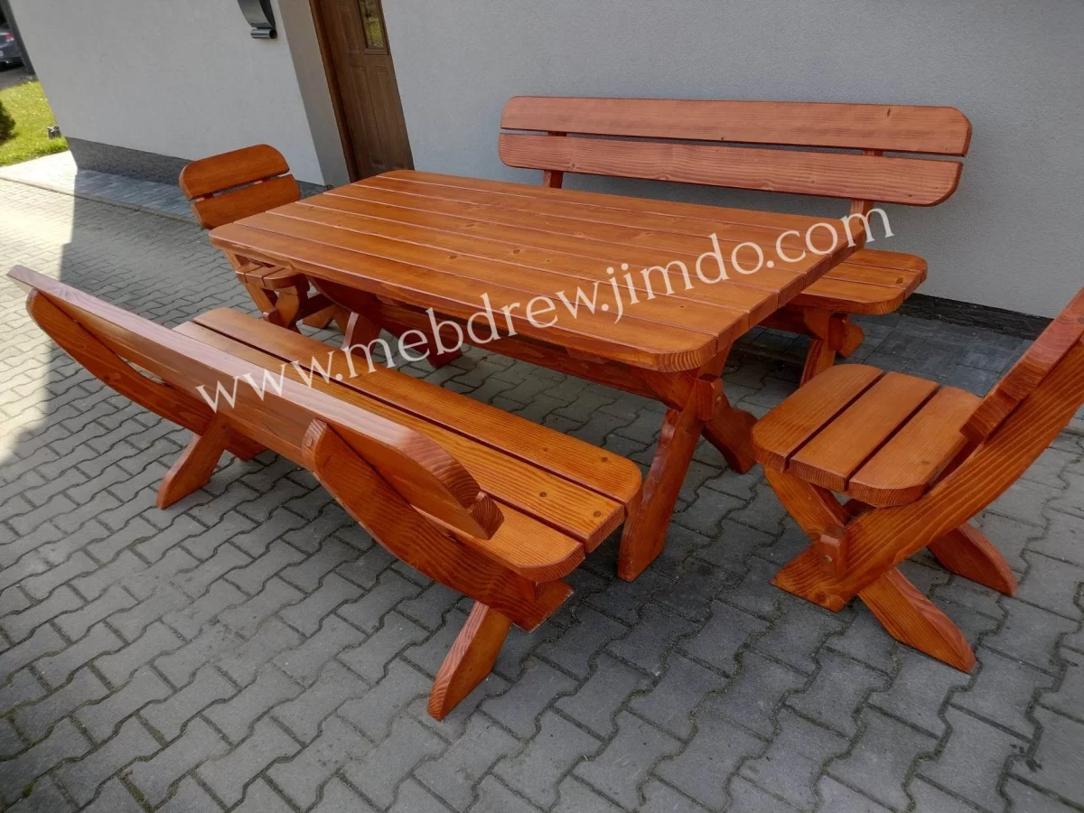 Stół ogrodowy drewniany 2 fotele 2 ławki meble zestaw