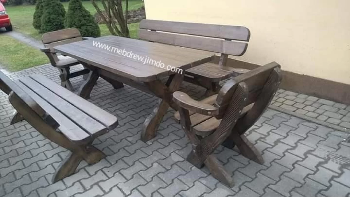 Stół ogrodowy drewniany 2 fotele 2 ławki meble zestaw