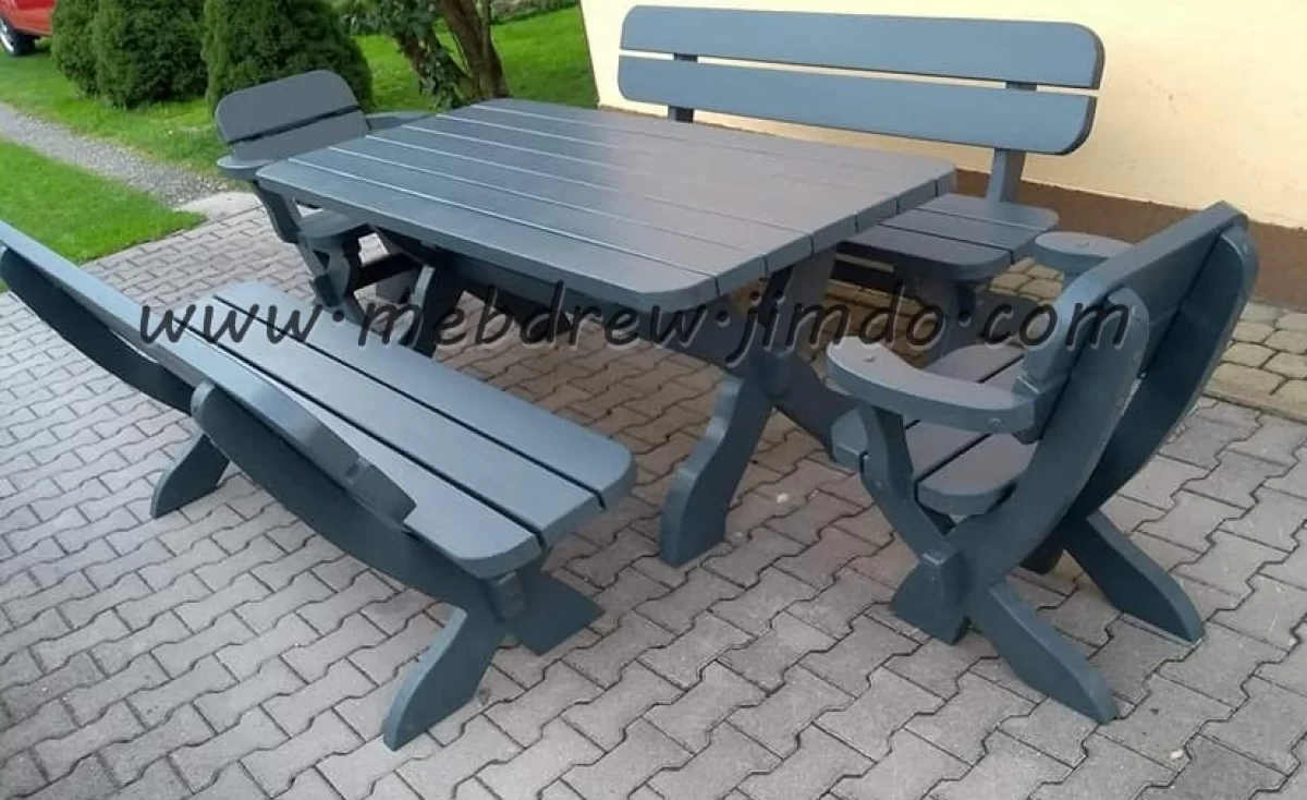 Stół ogrodowy drewniany 2 fotele 2 ławki meble zestaw