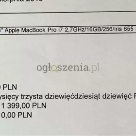 Prawie nowy MacBook 13 PRO i7 2,7GHz 16GB, 256 dysk, iris. 655 Space