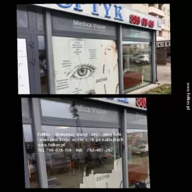 Demontaż, zrywanie, usuwanie folii, naklejek, kleju Warszawa - Usługa demontażu folii z witryn, usuwanie kleju Folkos Warszawa