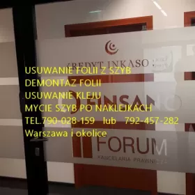 Demontaż, zrywanie, usuwanie folii, naklejek, kleju Warszawa - Usługa demontażu folii z witryn, usuwanie kleju Folkos Warszawa