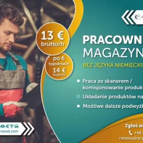  PRACOWNIK MAGAZYNU (K/M) - BEZ ZNAJOMOŚCI JĘZYKA NIEMIECKIEGO - NAWET DO 14 € BRUTTO/H - NIEMCY