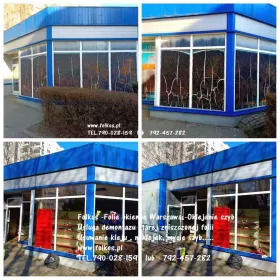 Usługa usuwania folii z szyb, zrywanie folii, usuwanie naklejek, kleju, mycie szyb, witryn ....Warszawa -Folkos folie okienne