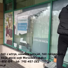 Usługa usuwania folii z szyb, zrywanie folii, usuwanie naklejek, kleju, mycie szyb, witryn ....Warszawa -Folkos folie okienne