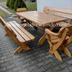 Stół ogrodowy drewniany 2 fotele 2 ławki meble zestaw 