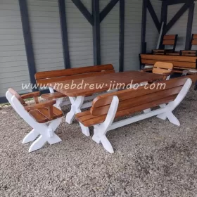 Stół ogrodowy drewniany 2 fotele 2 ławki meble zestaw 